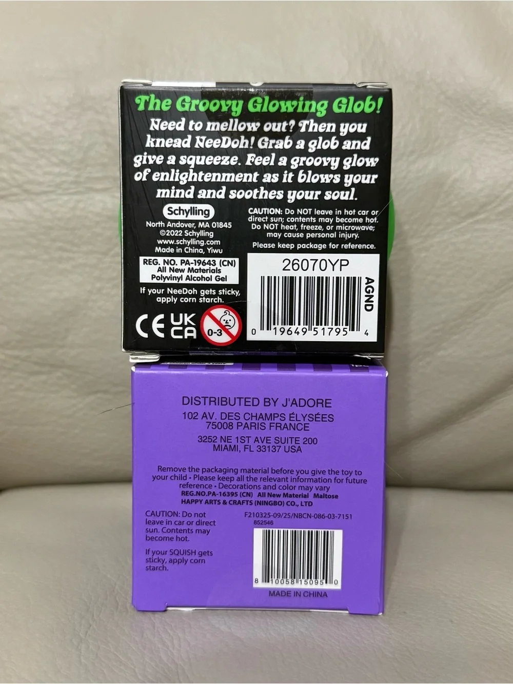 NEW NeeDoh Glow In The Dark GREEN Squishy Stress Ball & J’adore Purple Cool Cube
